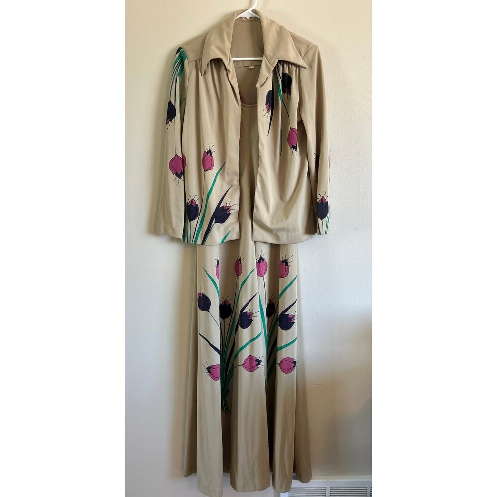 Vintage Hand Silk Screen Floral & Jacket Set 70s Maxi Dress Matching (XS/S)